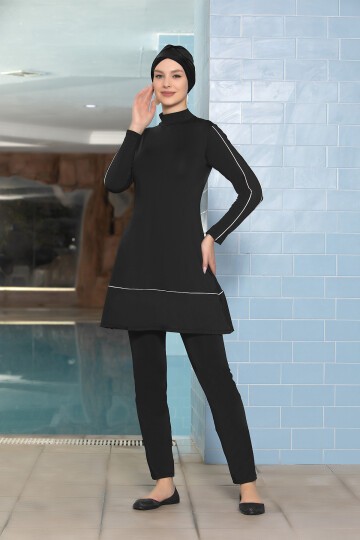 Merterium Kadın Tam Kapalı Likralı Siyah Tesettür Mayo 15871