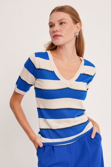 Merterium Kadın V Yaka Mavi Beyaz Çizgili Bluz 15869