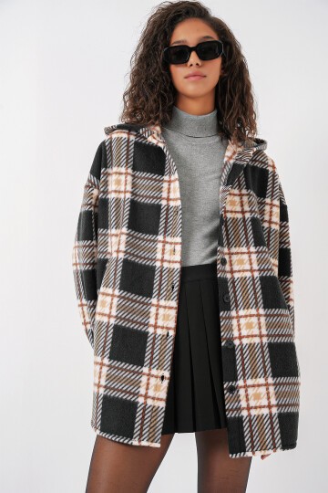 Merterium 0710 Kapüşonlu Oversize Gömlek - D. Siyah