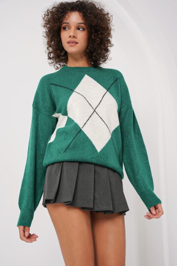 Merterium 15895 Baklava Desenli Oversize Triko Kazak - Zümrüt Yeşili