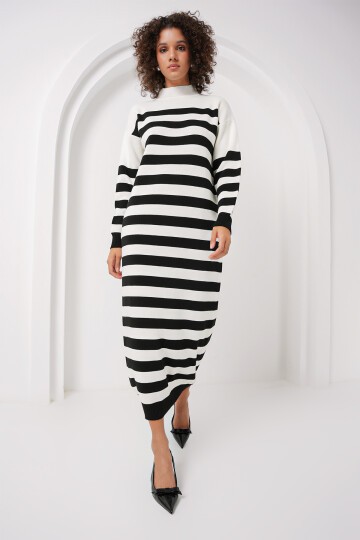 Merterium 15898 Çizgili Uzun Triko Elbise - B.Beyaz