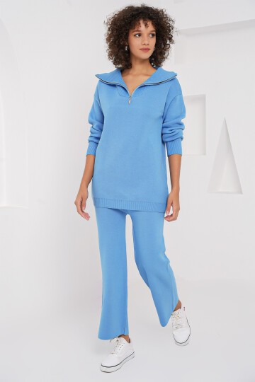 Merterium 15901 Fermuarlı Kazak Pantolon Triko İkili Takım - Mavi
