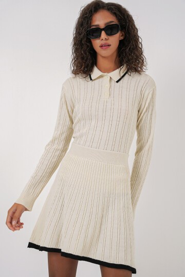 Merterium 15907 Kadın Polo Yaka Kazak Etek Triko İkili Takım - Krem