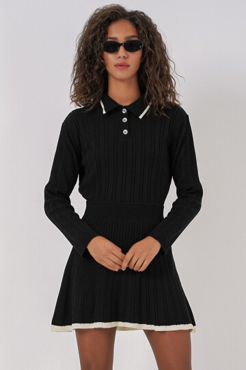 Merterium 15907 Kadın Polo Yaka Kazak Etek Triko İkili Takım - Siyah