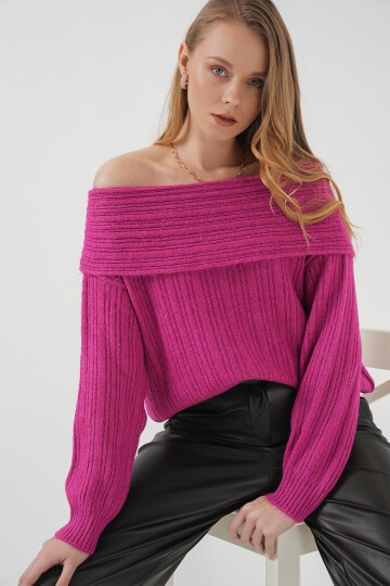 Merterium 15908 Kadın Açık Omuz Oversize Triko Kazak - Koyu Pembe