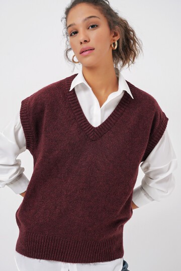 Merterium 15914 V Yaka Triko Süveter - Bordo