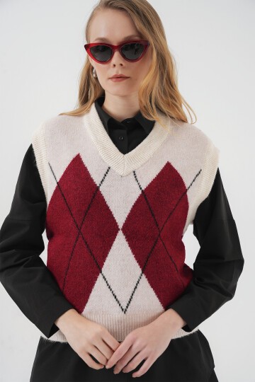 Merterium 15914 V Yaka Triko Süveter - Kırmızı