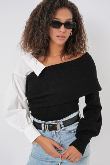 Merterium 15916 Gömlek Detaylı Triko Bluz Kazak - Siyah