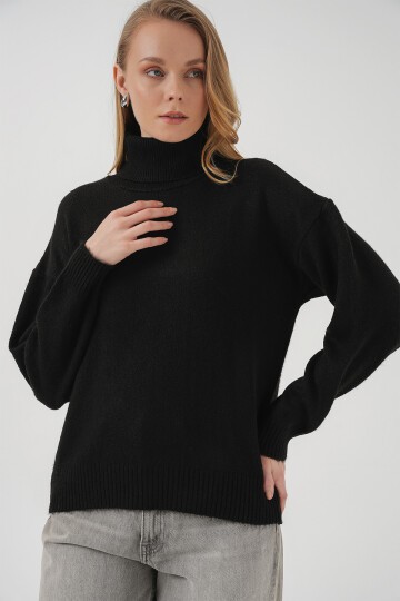 Merterium 15917 Kadın Balıkçı Yaka Oversize Triko Kazak - Siyah