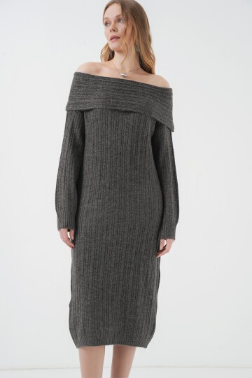 Merterium 15920 Madonna Yaka Oversize Triko Elbise - Antrasit