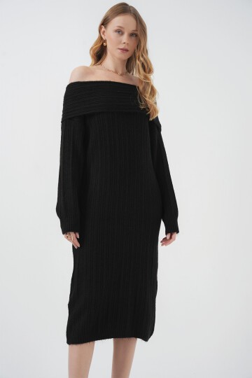 Merterium 15920 Madonna Yaka Oversize Triko Elbise - Siyah