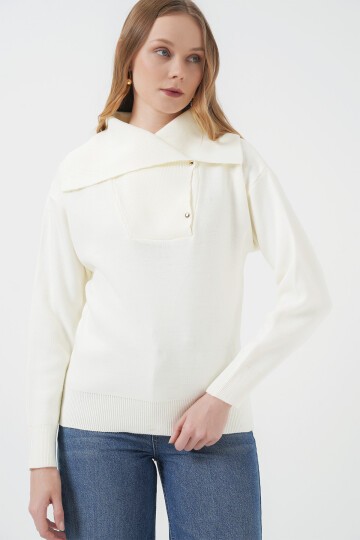 Merterium 15921 Geniş Yaka Triko Kazak - Ekru