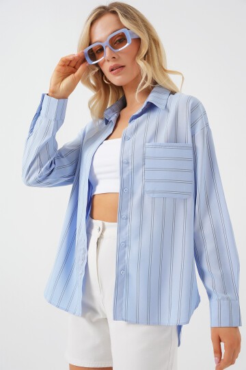 Merterium 20143 Cepli Oversize Gömlek - Mavi