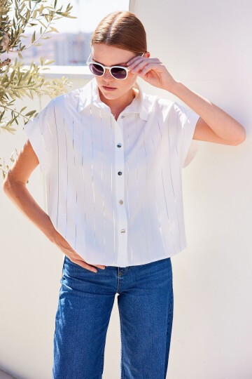 Merterium 20262 Kısa Kol Çizgili Gömlek - Beyaz