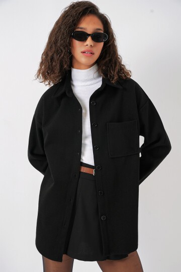 Merterium 20273 Tek Cepli Düğmeli Kaşe Gömlek - Siyah