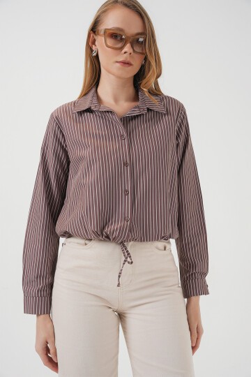 Merterium 20276 Uzun Kol Çizgili Gömlek - Kahverengi