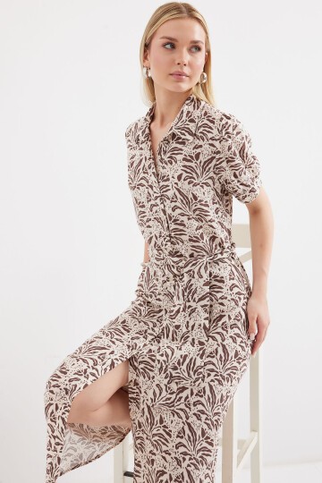 Merterium 2213 Kısa Kol Viskon Elbise - Kahverengi