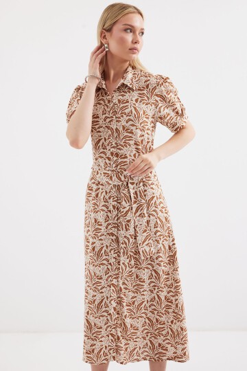 Merterium 2213 Kısa Kol Viskon Elbise - Taba