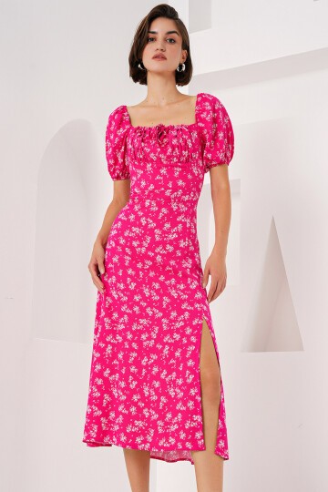 Merterium 2387 Yırtmaç Detaylı Elbise - Fuşya