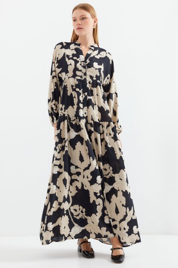 Merterium 2423 Otantik Desenli Tesettür Elbise - A.Bej