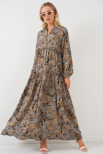 Merterium 2423 Otantik Desenli Tesettür Elbise - A.Gri