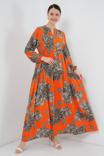 Merterium 2423 Otantik Desenli Tesettür Elbise - E. Turuncu