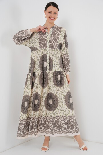 Merterium 2423 Otantik Desenli Tesettür Elbise - F.KAHVE