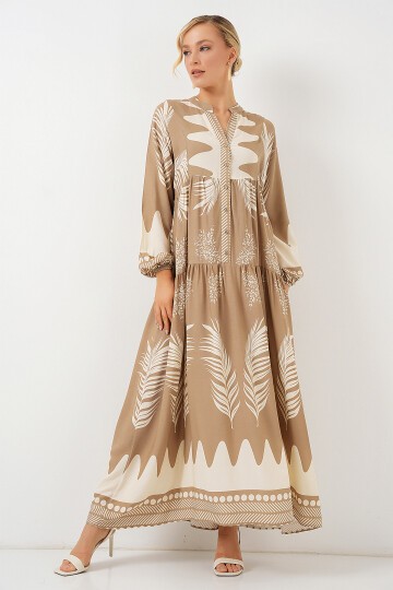 Merterium 2423 Otantik Desenli Tesettür Elbise - M. Camel