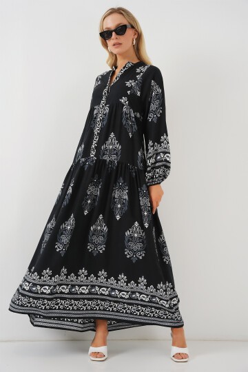 Merterium 2423 Otantik Desenli Tesettür Elbise - Siyah 11