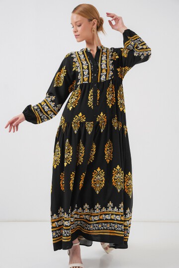 Merterium 2423 Otantik Desenli Tesettür Elbise - Siyah 13