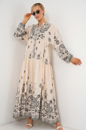 Merterium 2423 Otantik Desenli Tesettür Elbise - Siyah - Krem