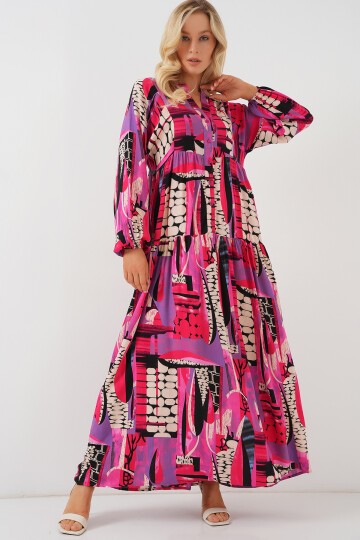 Merterium 2423 Otantik Desenli Tesettür Elbise - Siyah - Mor