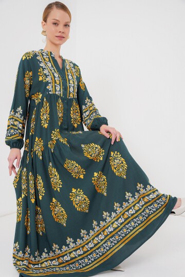 Merterium 2423 Otantik Desenli Tesettür Elbise - Yeşil 7