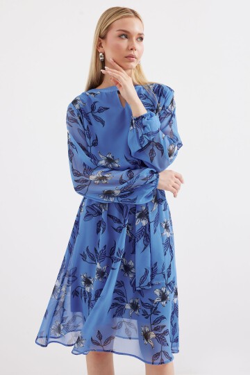 Merterium 2459 Astarlı Desenli Tül Elbise - Mavi