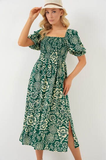 Merterium 2512 Desenli Yırtmaçlı Elbise - Zümrüt Yeşili