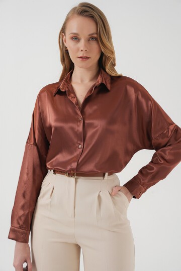 Merterium 3985 Oversize Saten Gömlek - Taba