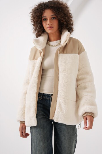 Merterium 5196 Şişme Peluş Mont - Ekru