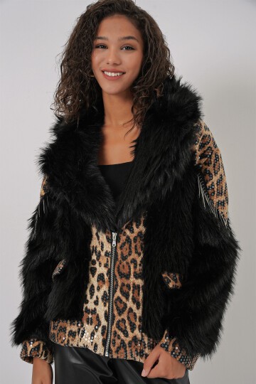 Merterium 5209 Peluş Kürk Mont - Siyah