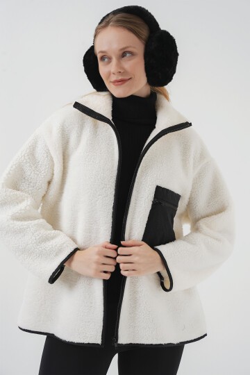 Merterium 55446 Fermuarlı Oversize Peluş Ceket Mont - D. Siyah