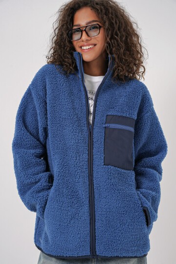 Merterium 55455 Kadın Fermuarlı Oversize Peluş Ceket - Saks