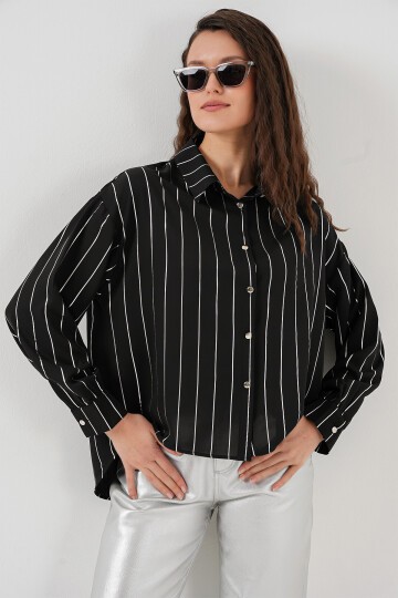 Merterium 5924 Kadın Gümüş Çizgili Gömlek - Siyah