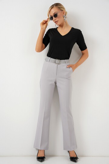 Merterium 6538 Kemerli İspanyol Paça Pantolon - Gri