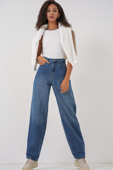 Merterium 6689 Kadın Yüksek Bel Baggy Kot Pantolon - Lacivert