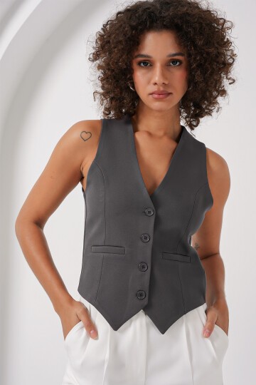 Merterium 6796 Kısa Dokuma Yelek - Füme