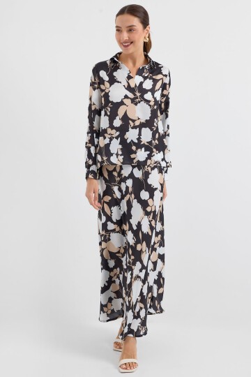 Merterium 8018 Desenli Saten İkili Takım - Siyah