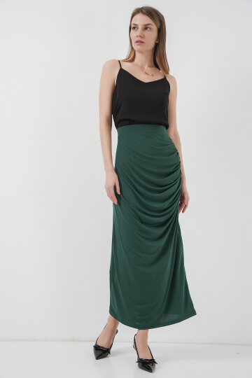 Merterium 8035 Büzgülü Midi Etek - Zümrüt Yeşili