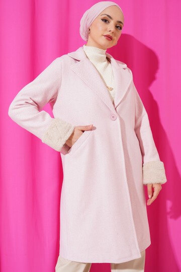 Merterium 9145 Kadın Kolları Tüylü Balık Sırtı Kaşe Kaban - Pudra