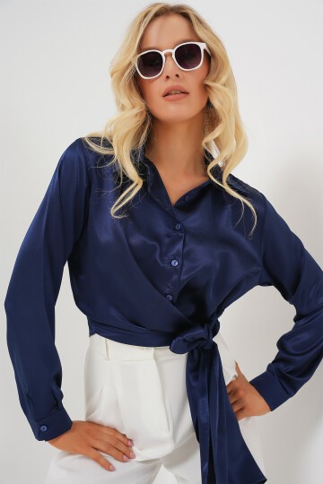 Merterium Kadın Bağlamalı Uzun Kol Saten Gömlek 20287 - Lacivert