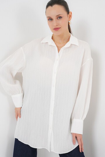 Merterium Kadın Çizgili Uzun Gömlek Tunik 5963 - Beyaz