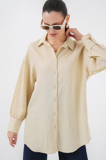 Merterium Kadın Çizgili Uzun Gömlek Tunik 5963 - Krem